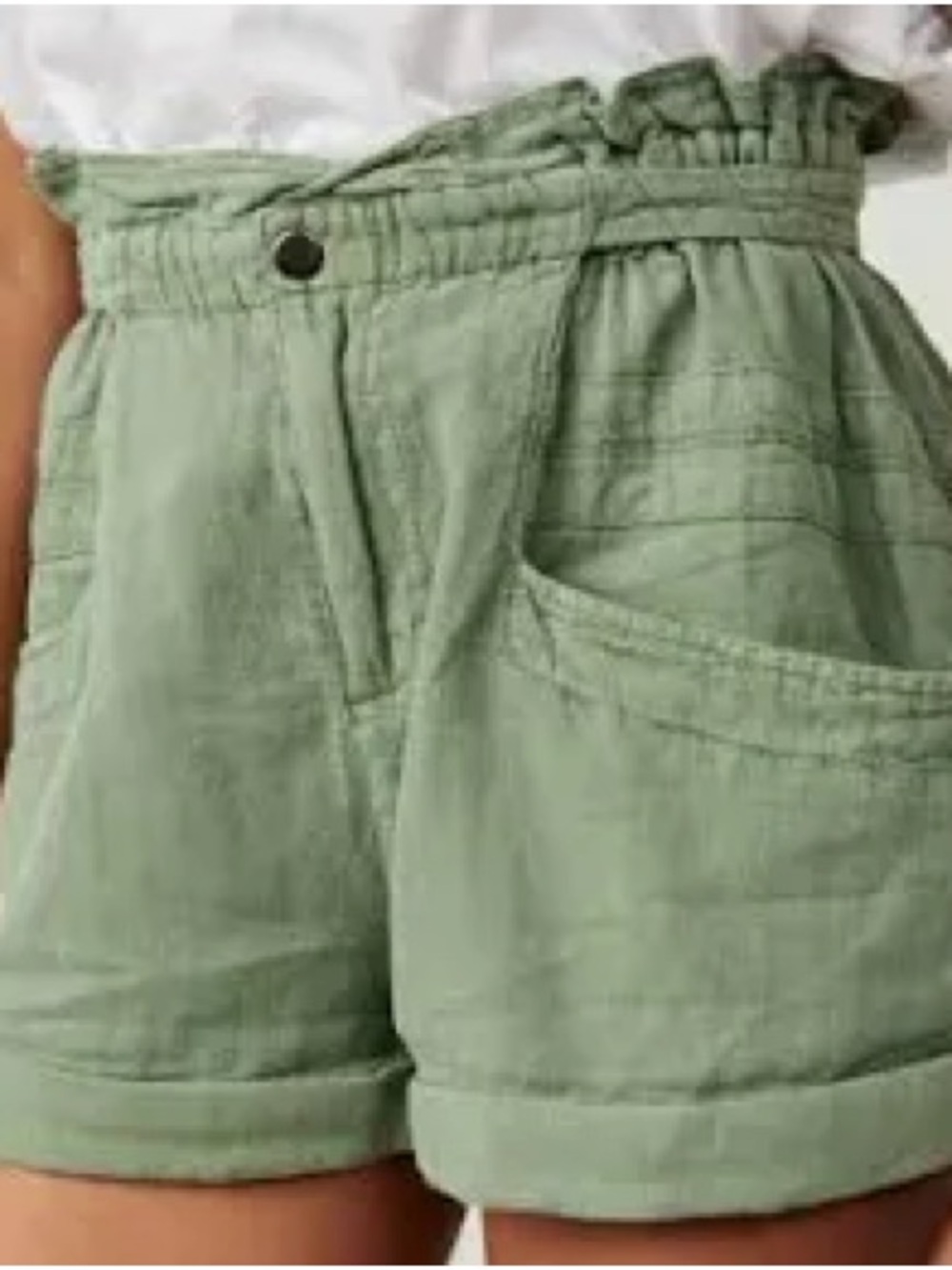 free people green linen topanga cuff paper bag  shorts large boho